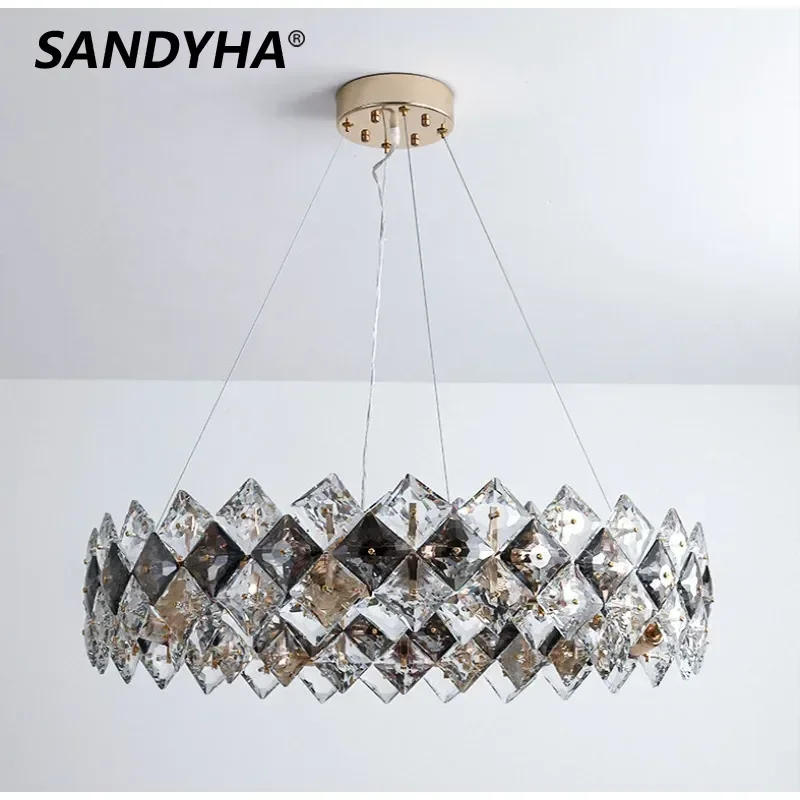 

SANDYHA Nordic Iron Art Pendant Light Crystal Lampshade Design Ceiling Chandelier for Living Room Dining Table Lighting Fixtures