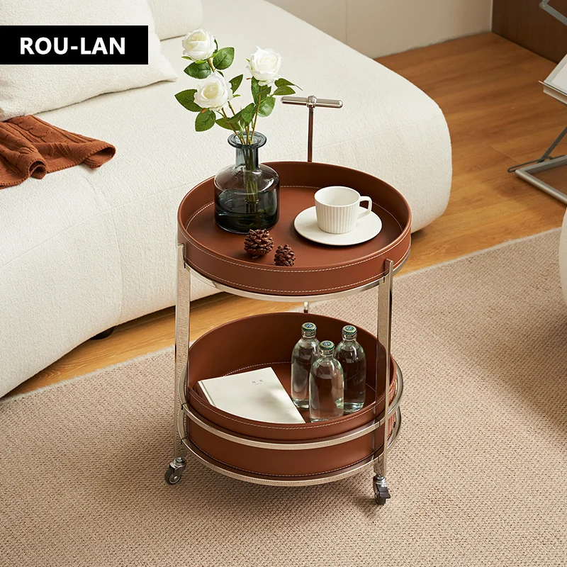 Simple coffee table  circular movable cart  sofa edge  light luxury multi-functional storage  saddle leather snack cart