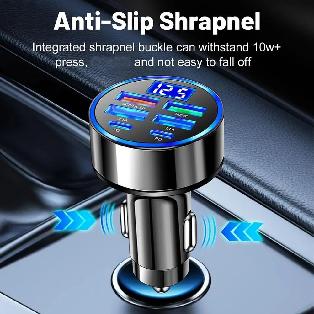 6 in 1 USB C Car Phone Charger Adapter with Voltage Display Dual PD Super Fast for iPhone 15 Pro max OPPO Samsung Huawei