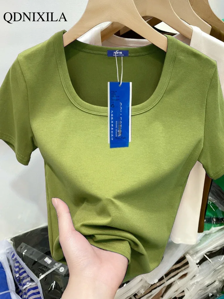 2024 Korean Fashion Summer Women's T-shirt Threaded Square Collar Short Sleeve Bottom Shirt Casual Thin Crop Top Female Clothing