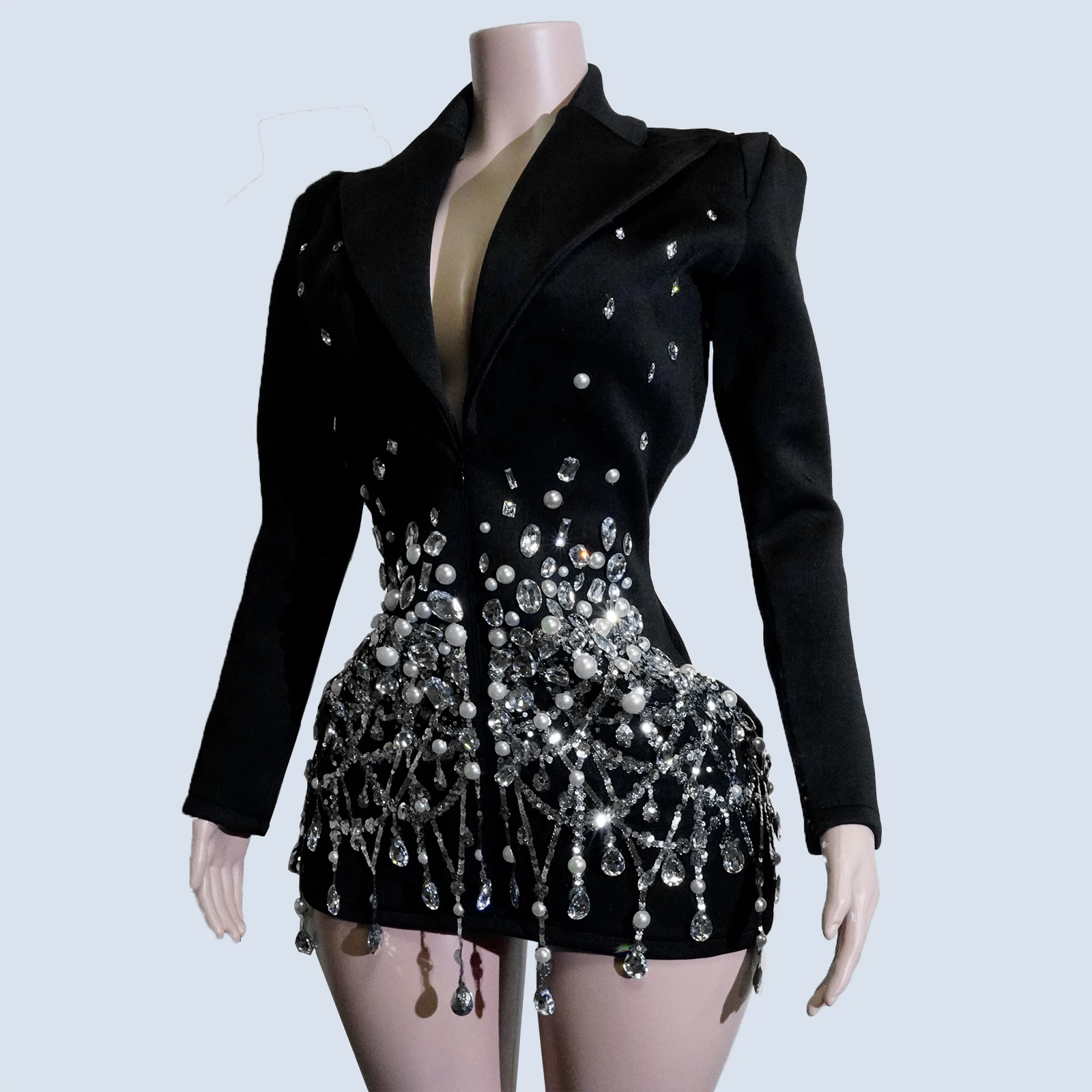 ショーガールコスチューム スパークルクリスタル フルブラックドレス 長袖 パフォーマンス ドラッグクイーン イブニングパーティー ショー衣装 ゴーゴーダンサー DJ