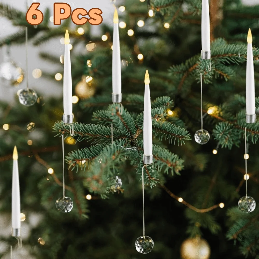 6 Piece Battery Powered Christmas Tree Suspended LED Candle with Remote Hook Design Decorative Candle Light Simulated