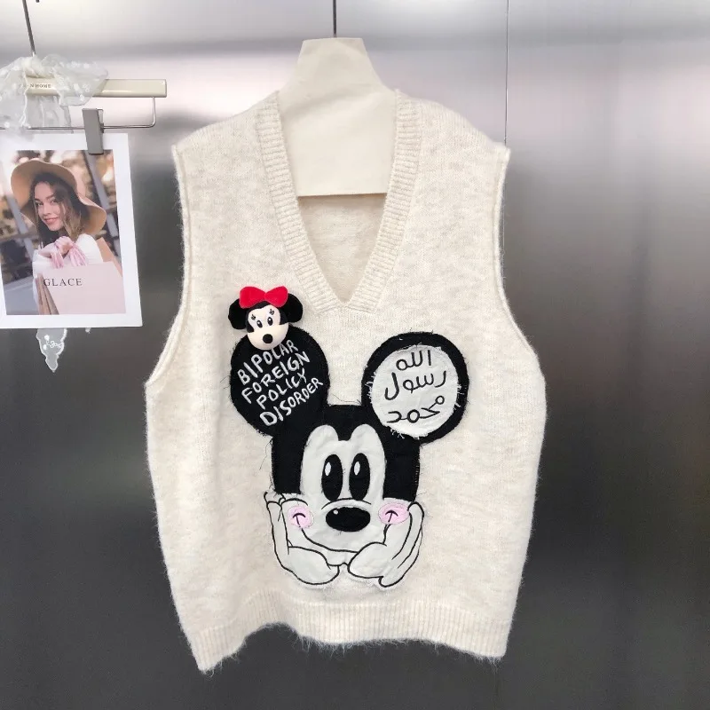 Autumn Winter Beautiful Embroidered Patch Knitted Vest For Women Korean Style V-neck Layered Sleeveless Sweater Waistcoat Jacket