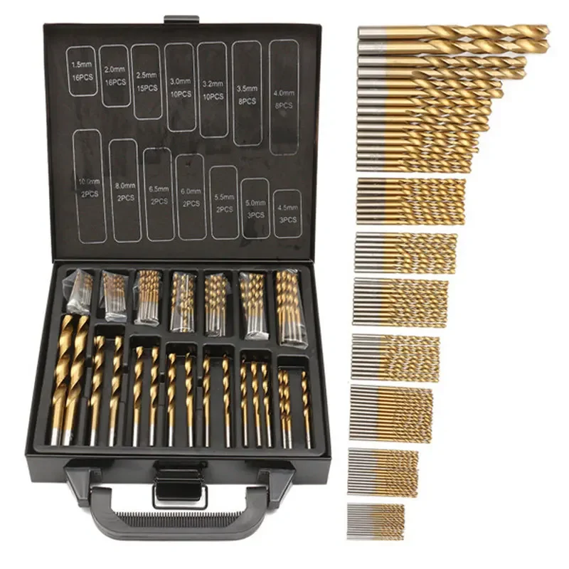 ALLSOME 99pcs 1.5mm - 10mm Titanium Coated Drill Bit Set High Speed Steel Manual Twist Drill Bits HT2386