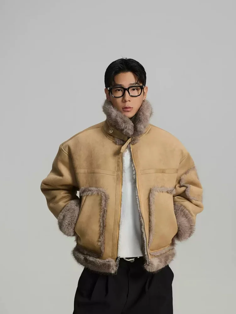 

Мужская зимняя куртка в американском стиле, двусторонняя, утепленная, модная, теплая, цвета хаки, с воротником-стойкой, из овечьей шерсти