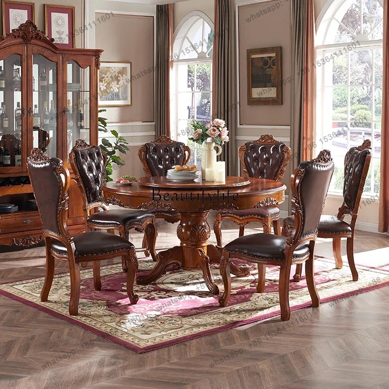 Factory Direct  American-Style Solid Wood round Table Dining Chair with Turntable European-Style Household