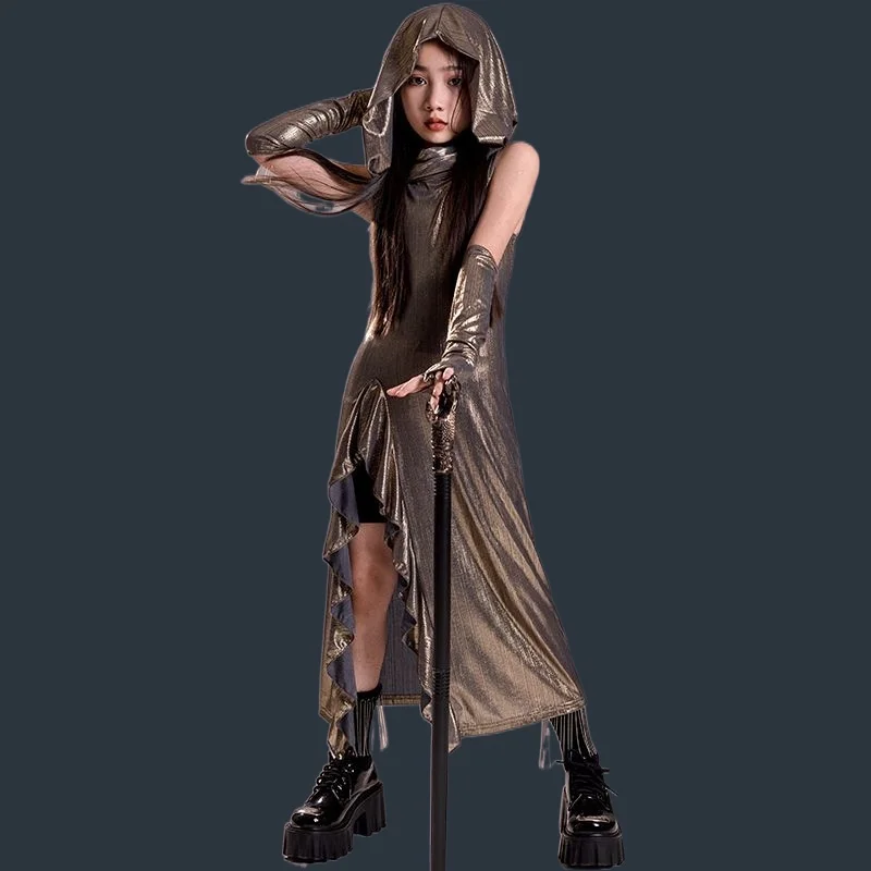 Girls Jazz Costume Dune Wasteland Style Shiny Long Dress Mysterious Luxurious Trendy Cool Stage Dance Show Performance