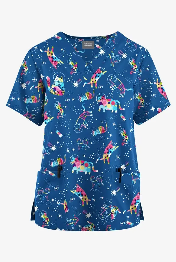 فستان جراحي لطيف للنساء مع فستان سرير بيطري أنيق مطبوع برقبة على شكل حرف V وأكمام قصيرة للنساء