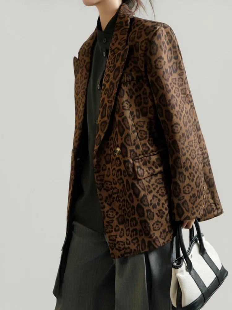 

EAEOVNI Leopard Printing Design Blazer Women Fashion Streetwear Contrast Color Button Jacket Office Lady 2025 Autumn New