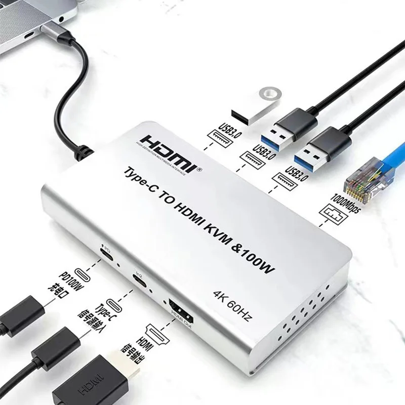 4K 60Hz Type C To HDMI KVM Adapter 2 in 1 Out 2x1 Switcher with 3 Port USB3.0 2 Computers Share A Set of Mouse Keyboard Monitor