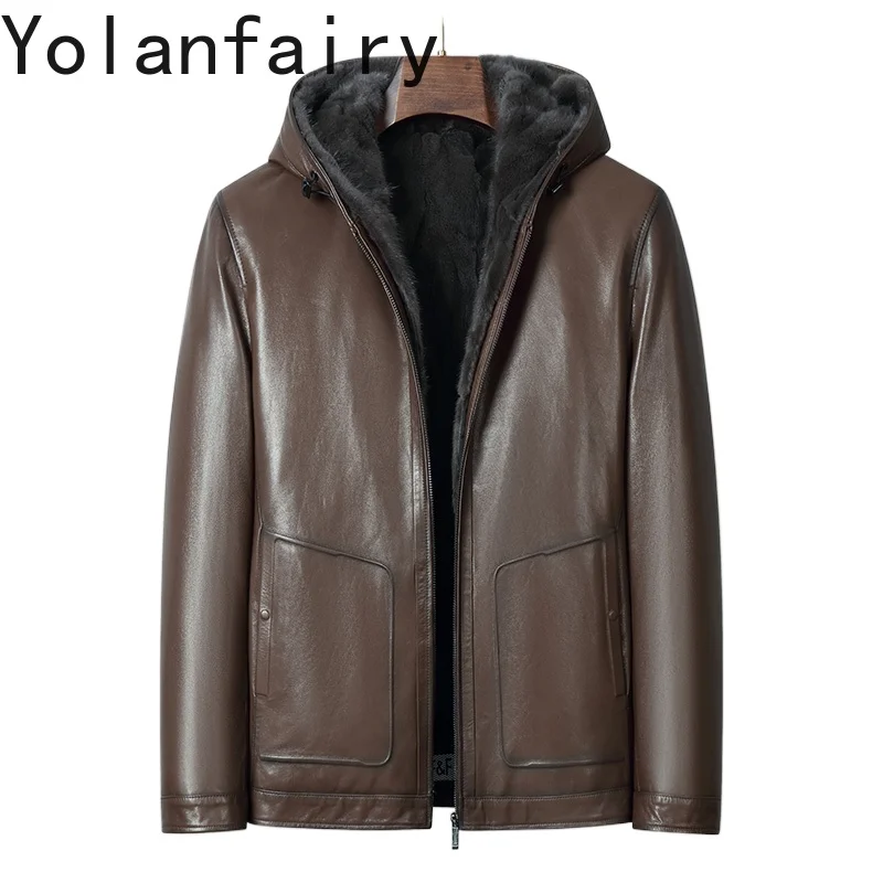 

YOLANFAIRY, роскошные куртки из натуральной козьей кожи 2025 года, мужская зимняя куртка с капюшоном со съемной подкладкой из норкового меха, мужская шуба Abrigos