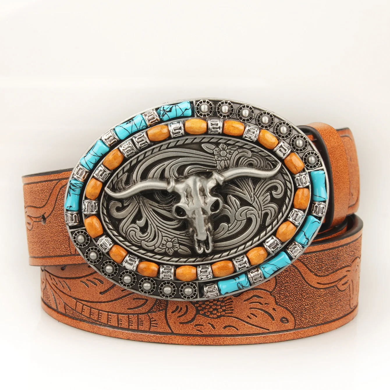 New trendy Western bull punk bull head large buckle men's embossed belt for youth retro trendy PU belt
