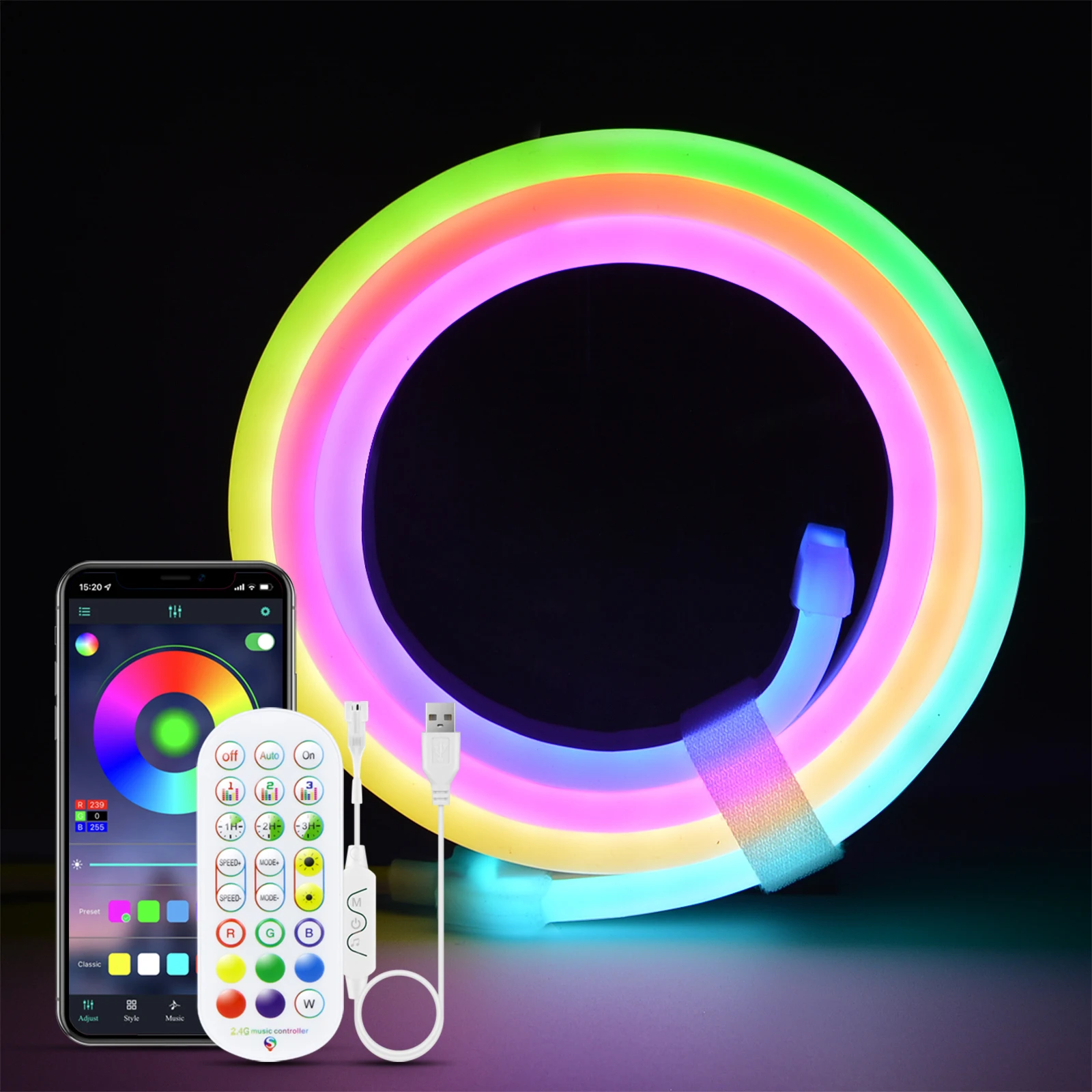 Striscia LED al neon RGBIC USB 5V, nastro per lampada al neon RGBIC 1M 2M 3M con app Bluetooth e telecomando per illuminazione al neon Deoco domestica fai da te