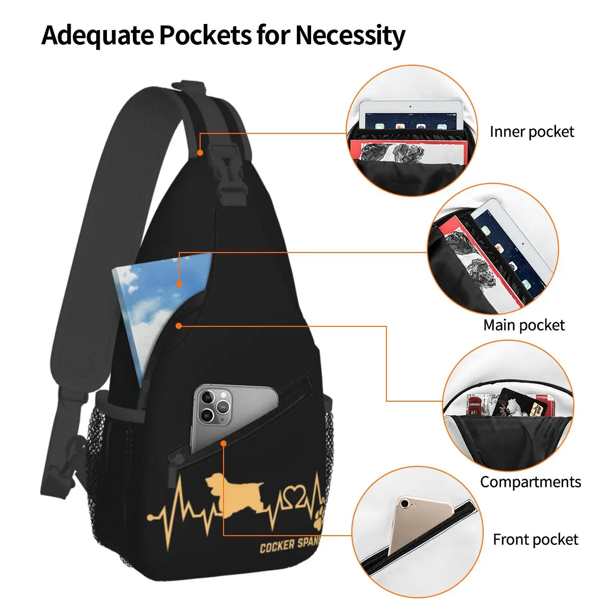 Cocker Spaniel Dog Lover Heartbeat ECG Pulse Pet Breed Paw Chest Bag Men Sling Crossbody Backpack Chest Bag Daypack Shoulder Bag