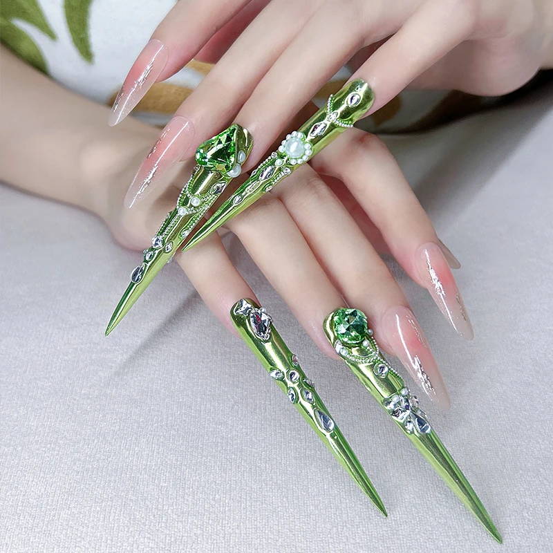 14 Piece（4 long+10 short ）Handmade Emerald Gem Littini Nail Set Shiny Luxe for Occasions (Better Than) Popular Kits