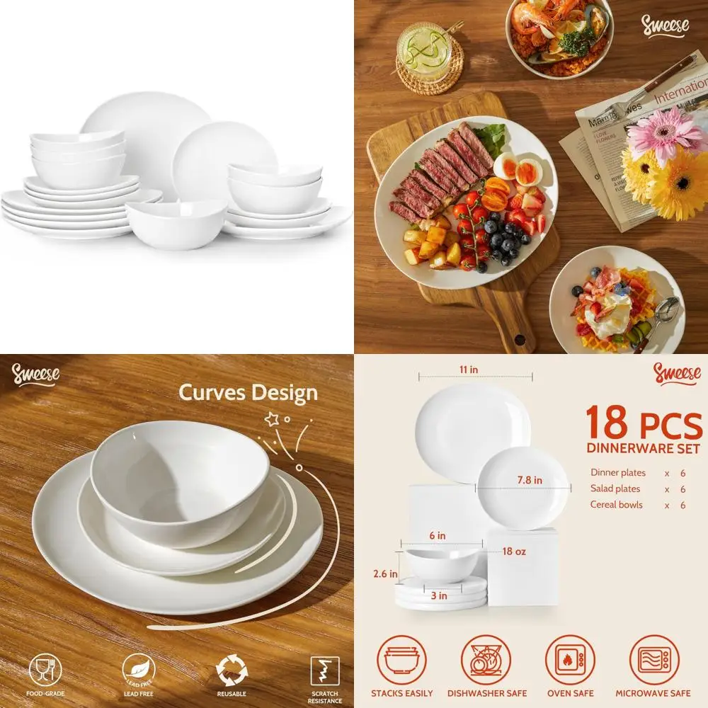 

6-Person Porcelain Dinnerware Set with 18 Pieces, Including Plates and Bowls, Durable and Safe for Microwave and Oven Use