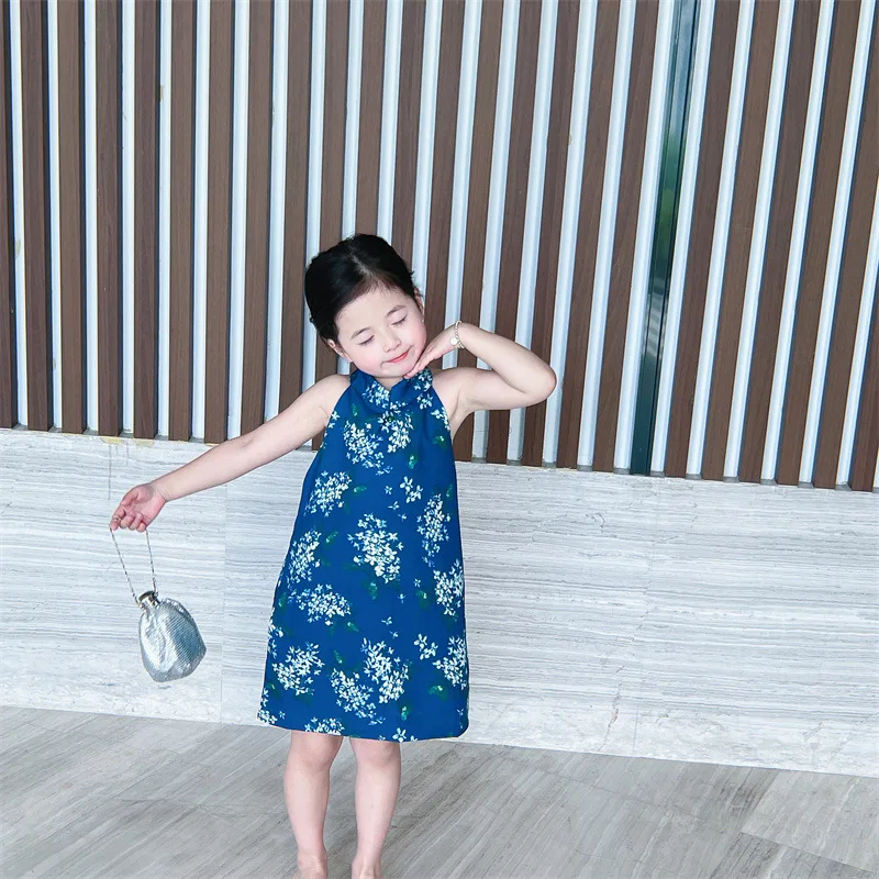 Girl Clothing  Fashion Cheongsam Chinese Style Summer New Neck Hanging Pendant Back Hollow Out Dress