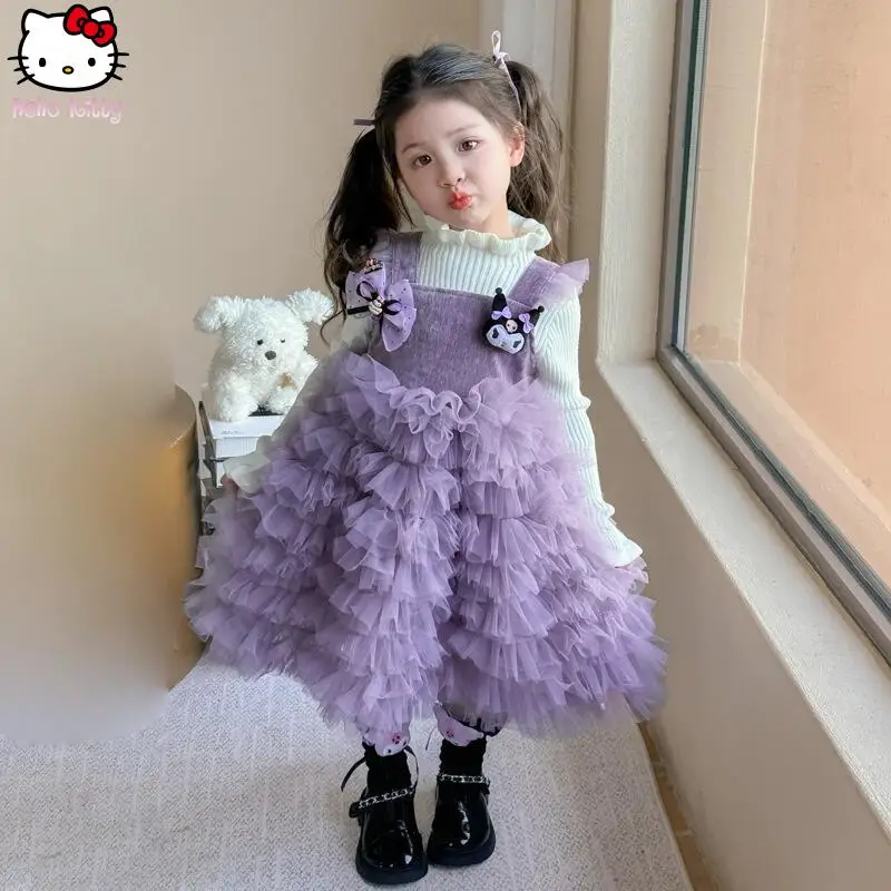 

Платье Sanrio Kuromi с бахромой, кавайное платье-свитер для девочек, осенний новый стильный пышный жилет принцессы, комплект юбки с героями мультфильмов, рождественские подарки