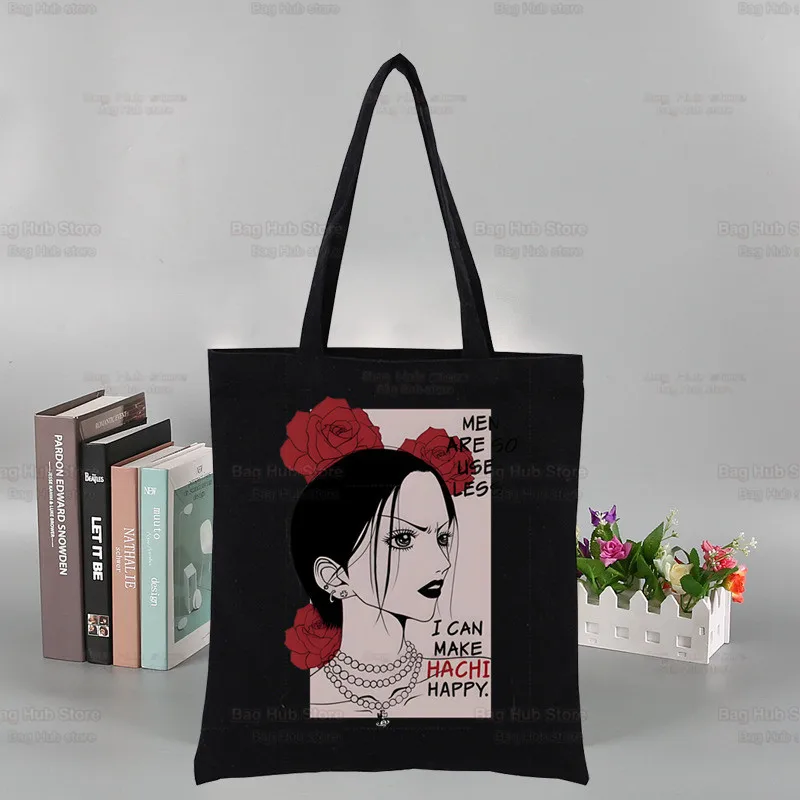 Black Stones NANA Osaki Ren Honjo Print Canvas Tote Black Bags Harajuku Casual Female Girl Tote Eco Shopper Shoulder Bags