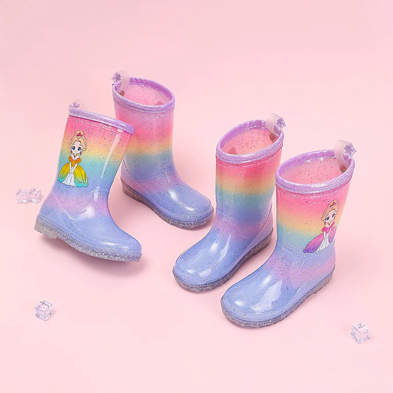 

Four Seasons Cute Girls Rain Boots Rainbow Gradient Glitter Princess Cartoon Waterproof Non-Slip Outdoor Daily Rainy Day Shoes
