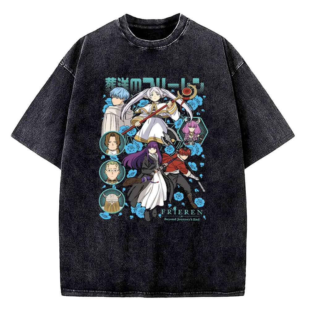 Frieren Vintage Washed cotton t-shirt teen Vintage anime 2000s kawaii streetwear top tees Vintage anime harajuku graphic