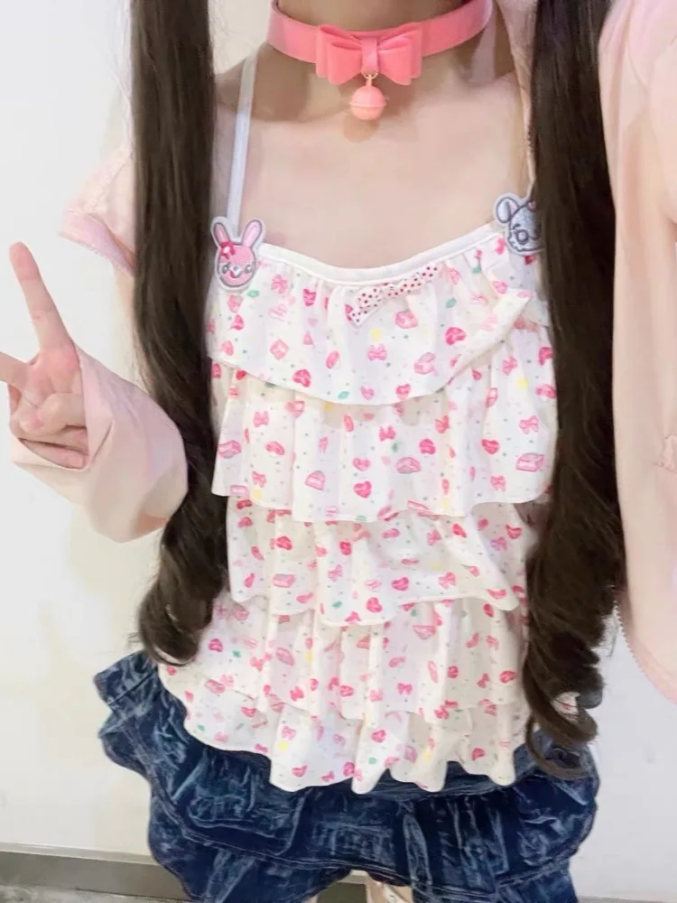 Vintage Japanese Kawaii Cute Print Two Piece Tops Women Short Sleeve T Shirt And Slim Sling Camisole Casual Holiday Outfit