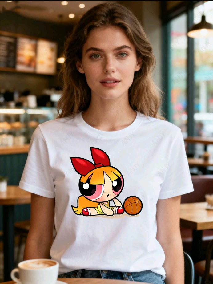 Flying Girl Police Cartoon Printed Vitality Age Reducing Versatile Cotton Short Sleeved T-shirt Suitable for Men and Women