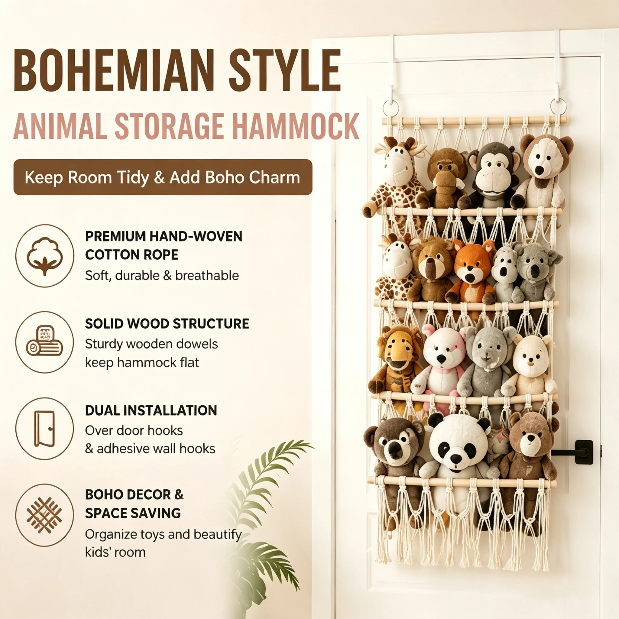 Bohemian Style Storage Hammock Over Door Hanging Plush Toy Organizer Hand Woven Cotton Mesh Net for Kids Nursery Bedroom