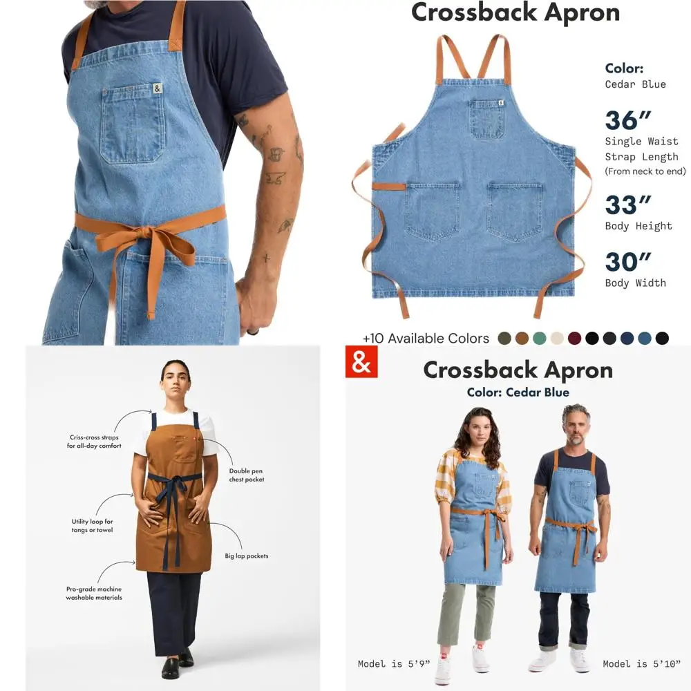 

Cotton Denim Chef Apron with Pockets - 8oz, Crossback Design, Cedar Blue - 100% Cotton, Kitchen Utility Apron