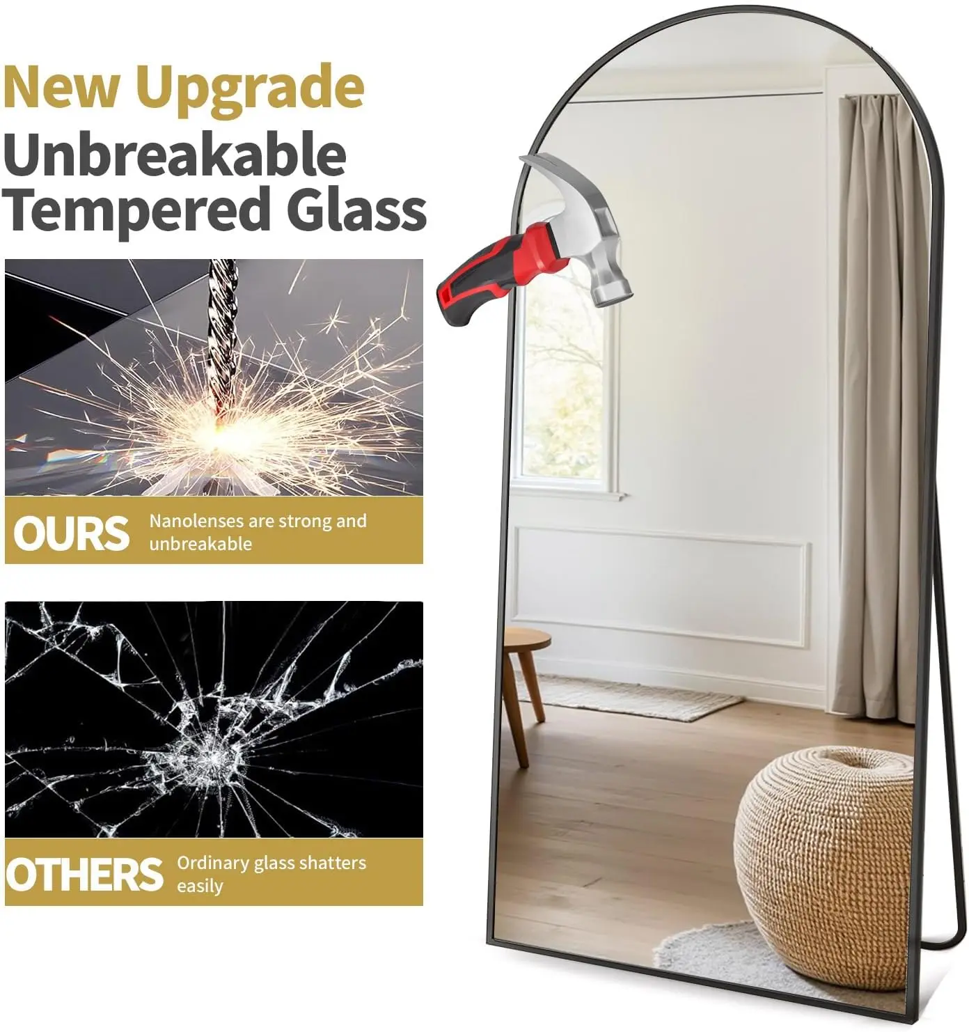 [Vendita calda! ]Specchio ad arco a figura intera, specchio da pavimento grande da 81"x41" con supporto, specchi oversize per tutto il corpo per appoggiarsi o sospese,