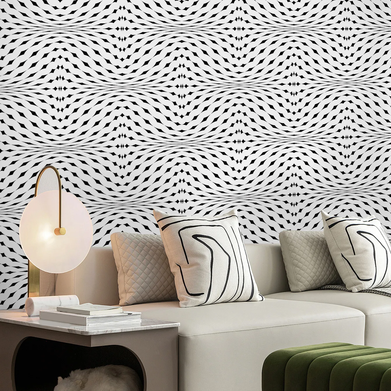 Minimalist Black White Wave Pattern Wallpaper Removable Modern Art Optical Illusion Wall Decor Mural for Living Room Bathroom 