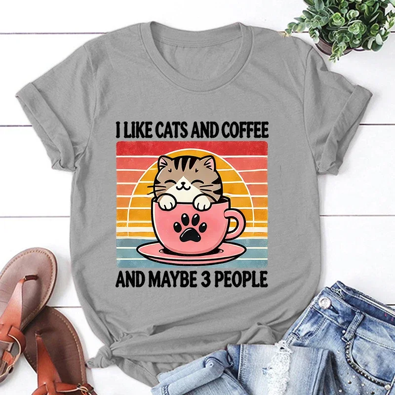 القط أنا أحب القطط والقهوة وربما 3 أشخاص تي شيرت مطبوع النساء الرجال الصيف عادية كم قصير الجولة الرقبة بلايز موضة تي شيرت