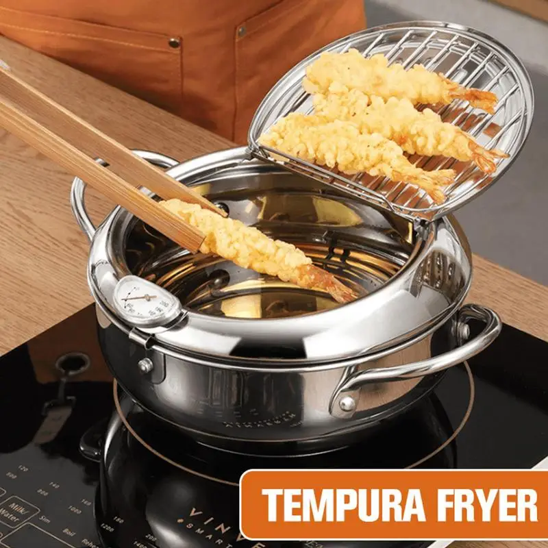 Kitchen frying pan stainless steel deep pot fryer with thermometer and removable lid suitable for kitchen cooking frying