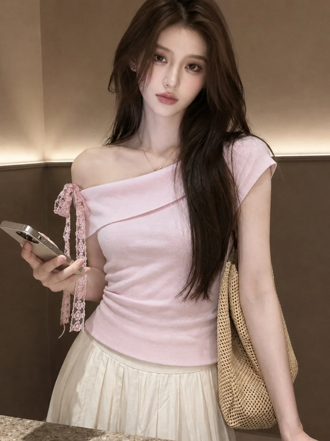 

Sweet Summer 2026 Korean Style Diagonal Shoulder Short Sleeve T-Shirt Women's Slimming Top Commute Style Straight Body Fit