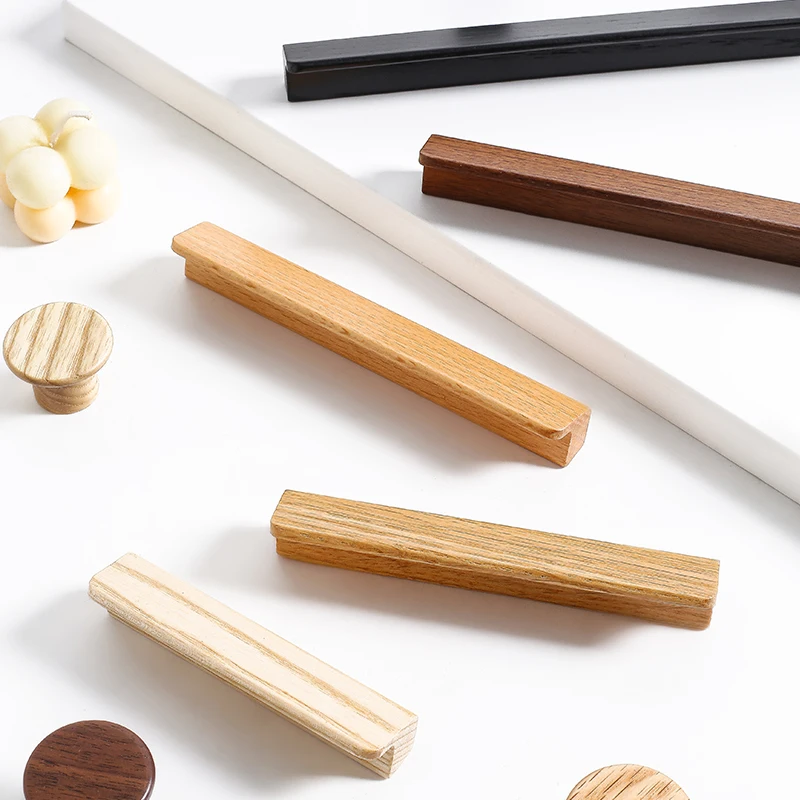 4pcs Modern Minimalist Solid Wood Cabinet Handle 7 Shaped Oak Walnut Drawer Pulls Wardrobe Furniture Hardware Accessories