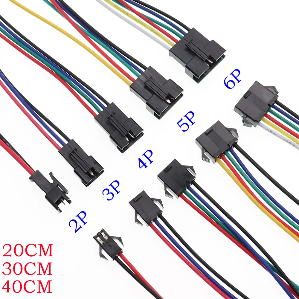 5Pairs Long JST SM 2P 3P 4P 5P 6P Plug Male to Female Wire Connector SM2P LED connectors 20CM 30CM 40CM