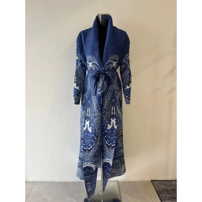 2024 Autumn New Abaya Women's Cloak Jacket Blue Printed Long Sleeved Dress Cardigan Robe