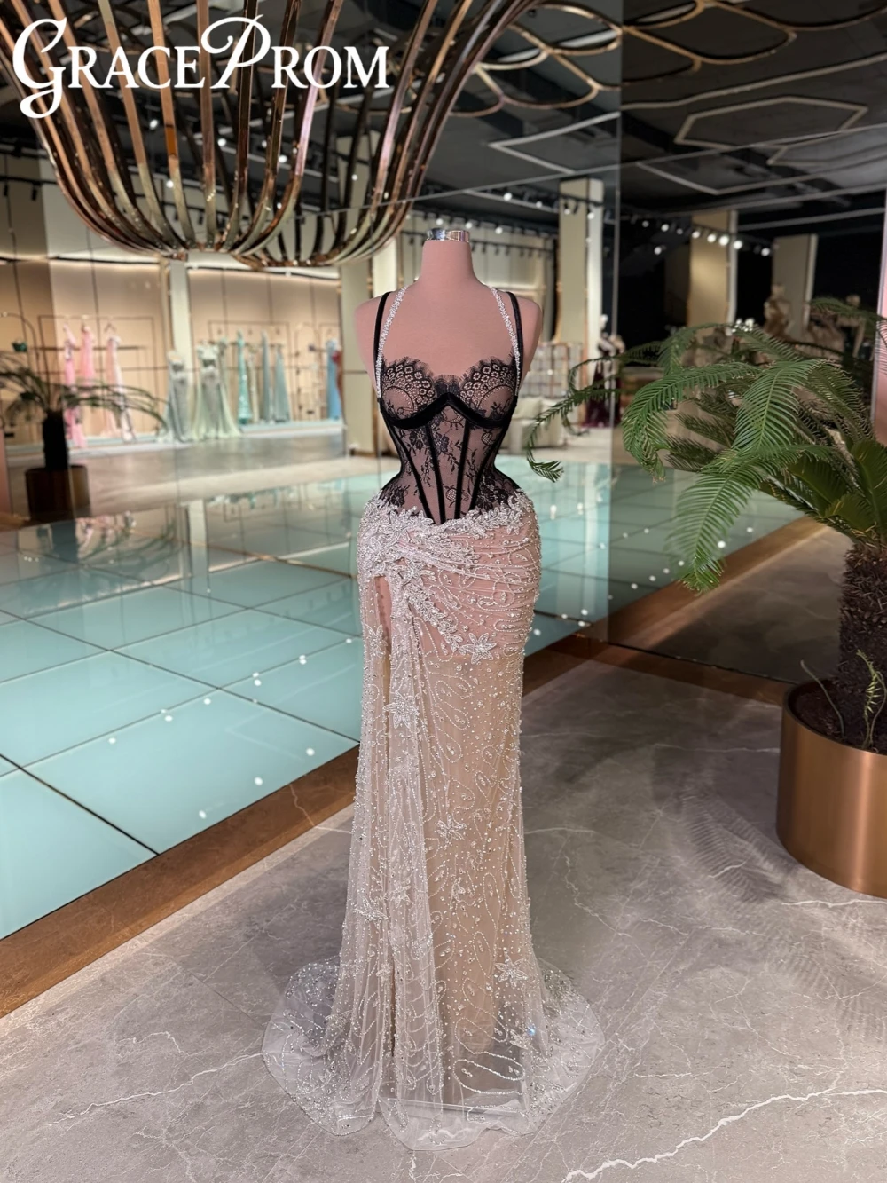 

Sparkling Beaded Long Evening Dress Luxurious Illusion High Slit Formal Party Gown Customized Charming Mermaid Prom Dresses