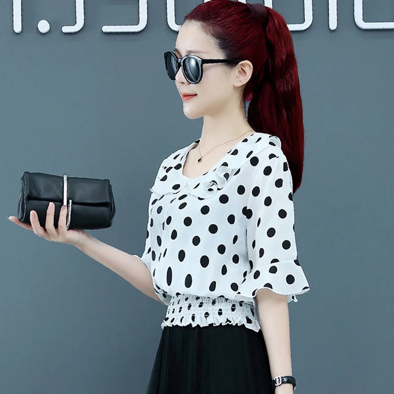 Elegante Ruffles emendado Shirring Polka Dot Blusa Roupas Femininas 2023 Verão Novo Casual Pullovers Coreano Flare Manga Camisa