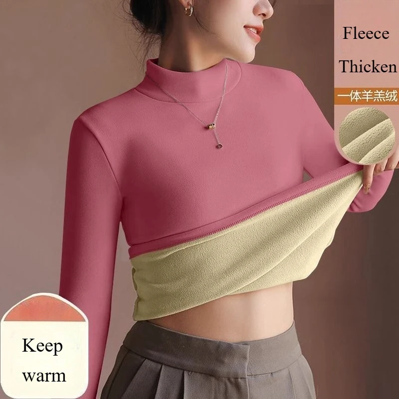 النساء الشتاء القمم الحرارية الحميمة عالية طوق الصوف مبطن ملابس داخلية الحرارية قاع قميص التدفئة الألياف الترمس قميص #1