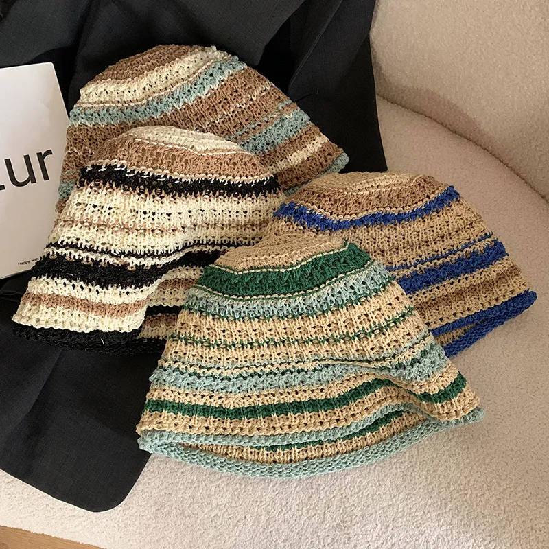 Gorro de punto a rayas para mujer, viseras de sol tejidas coloridas, sombreros de playa para viajes de verano, vacaciones, gorro de lavabo UV calado