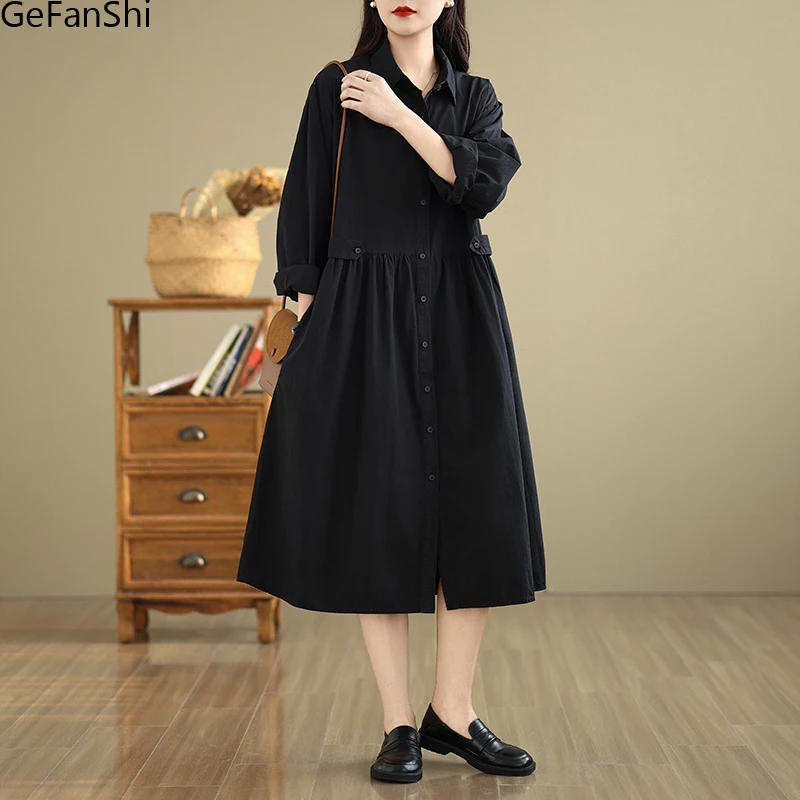 

2025 Spring Summer Solid Color Turn-down Collar Women's A-Line Dress Long Sleeve Casual Shirt Dresses Fashion Elegant Clothing