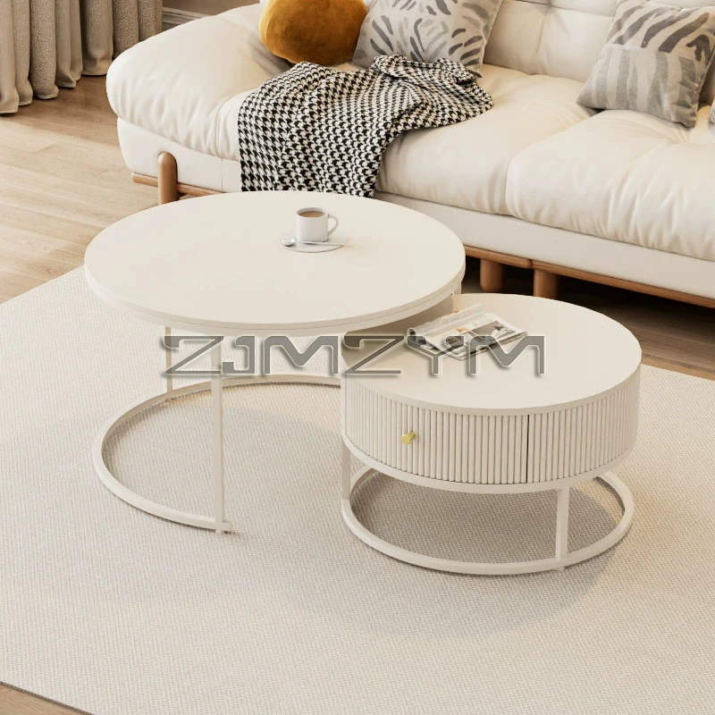 Round Coffee Tables, Set of 2 Nesting Tables, Modern Round Combination Side Tables with Hidden Storage and Top Tray