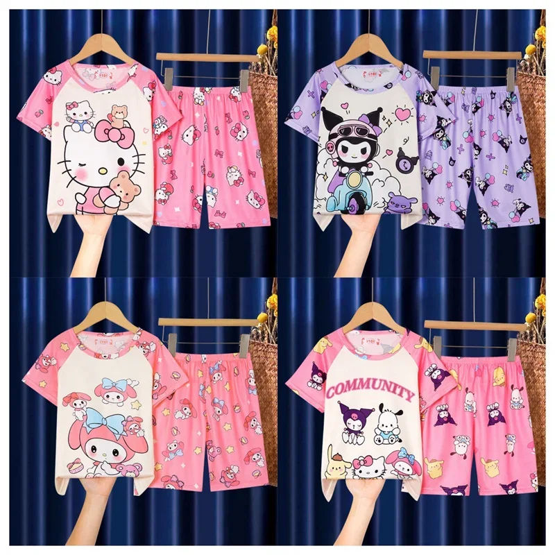 

2024 Sanrio Children Pajamas Anime Kuromi Hello Kitty Cinnamoroll Children Short Sleeved Set Kids Sleepwear Summer Home Clothes