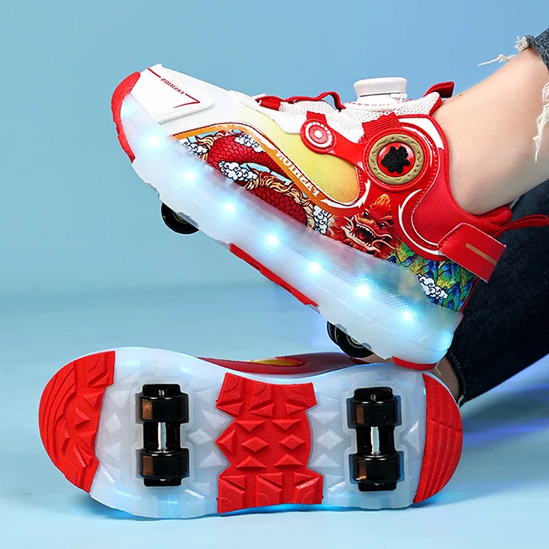 

NEW Girls Roller Skates Shoes 4-wheel Charging Luminous Pulley Shoes Children's Racing Wheel Sneakers Boys Speed Skates for Kids