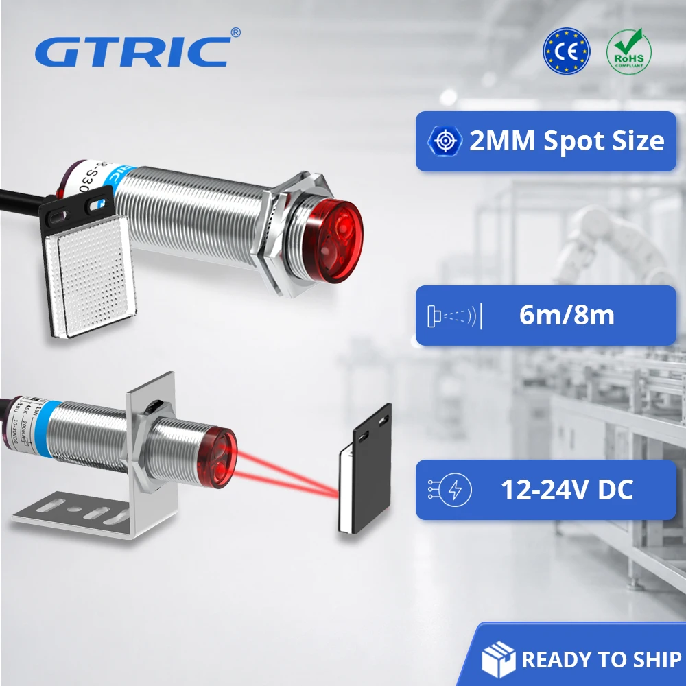 GTRIC Laser Photoelectric Sensor Retro-reflective M12/M18 Series 12-24V NPN PNP Visible Spot 2mm Sensing Distance 6/8M Adjustabl