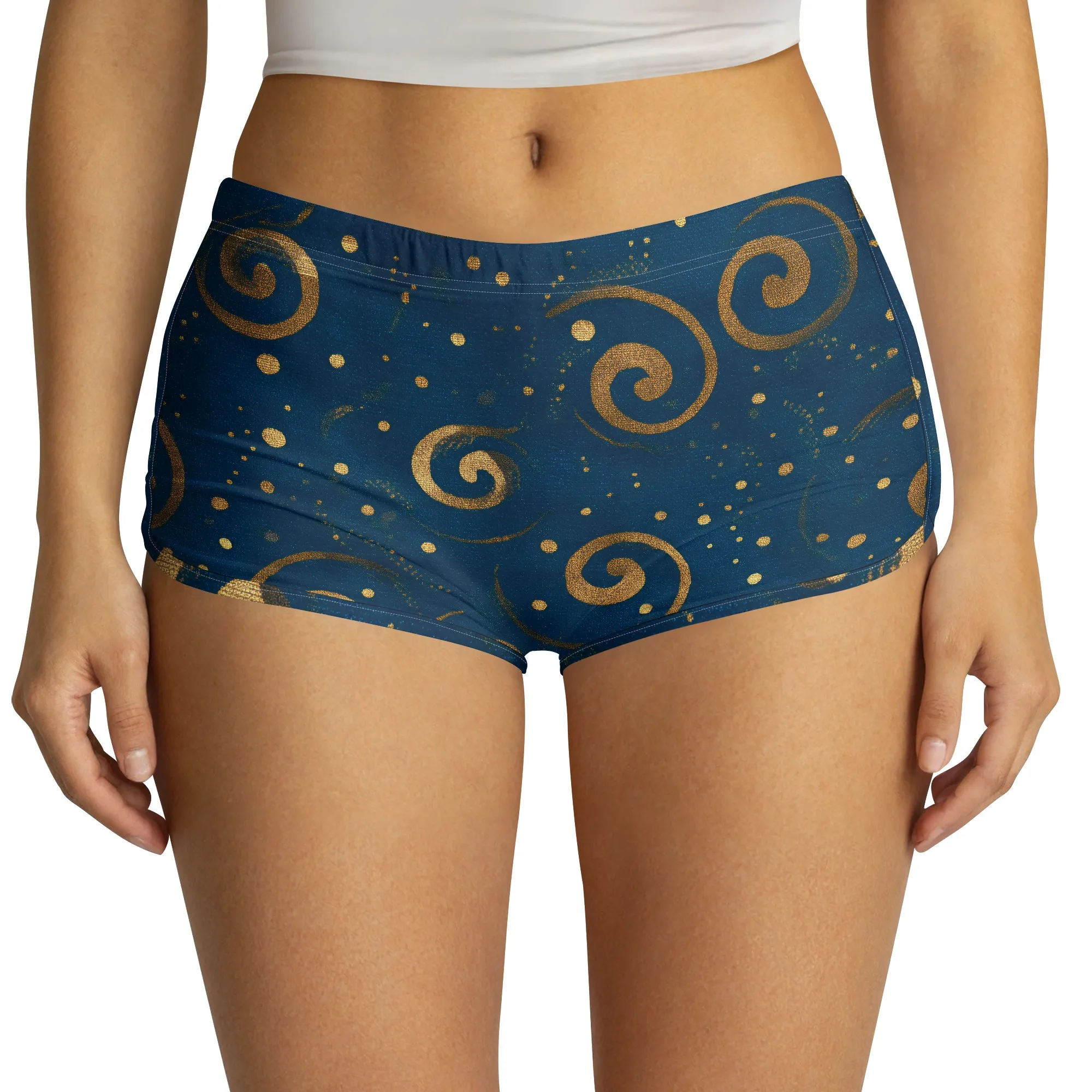 Blue Swirl Print Shorts, Gold Pattern Athletic Wear, Women's Gym Bottoms, Casual Summer Shorts S-2XL