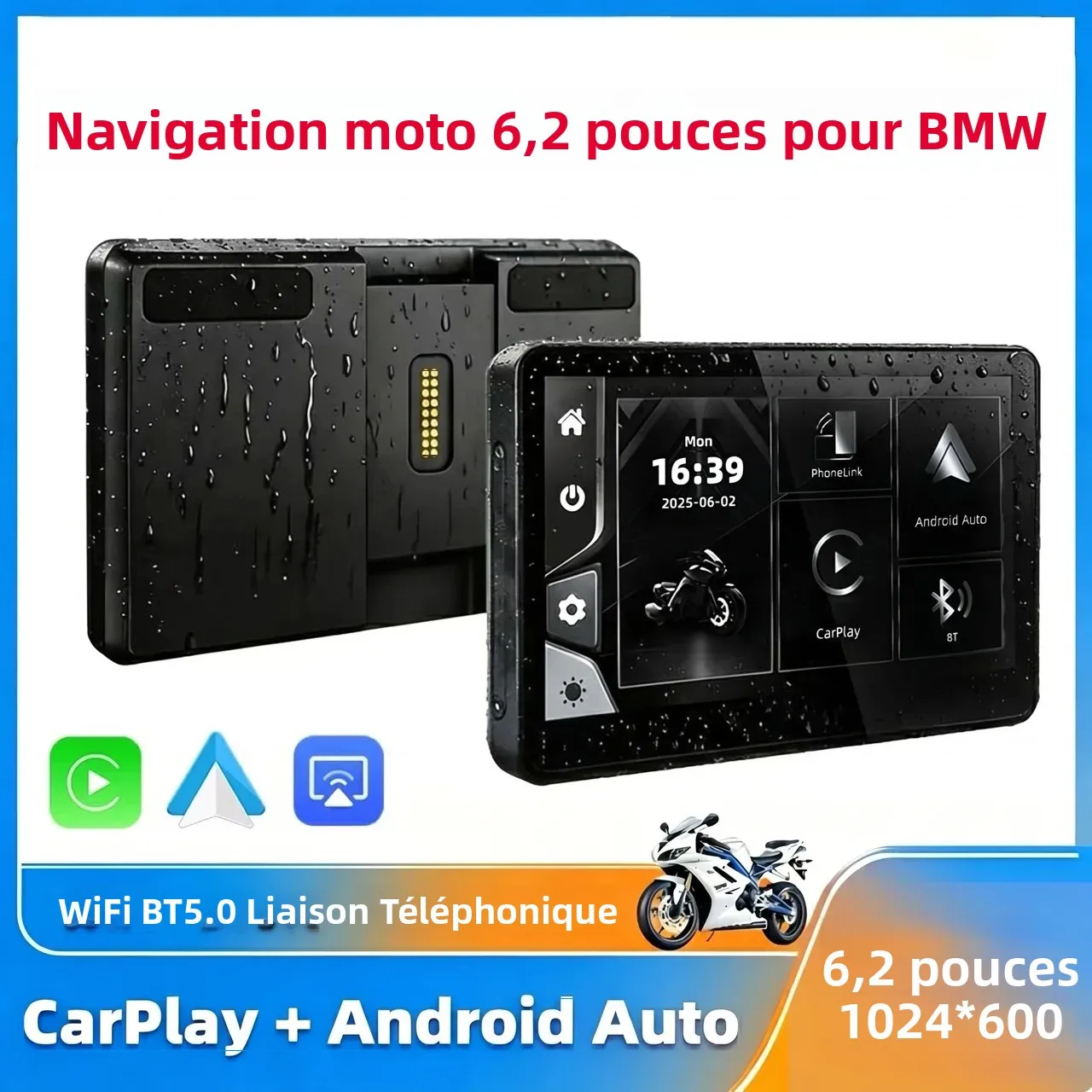 Écran de navigation GPS pour moto de 6,2 pouces, CarPlay sans fil, Android Auto, tableau de bord universel avec support ou pour moto BMW