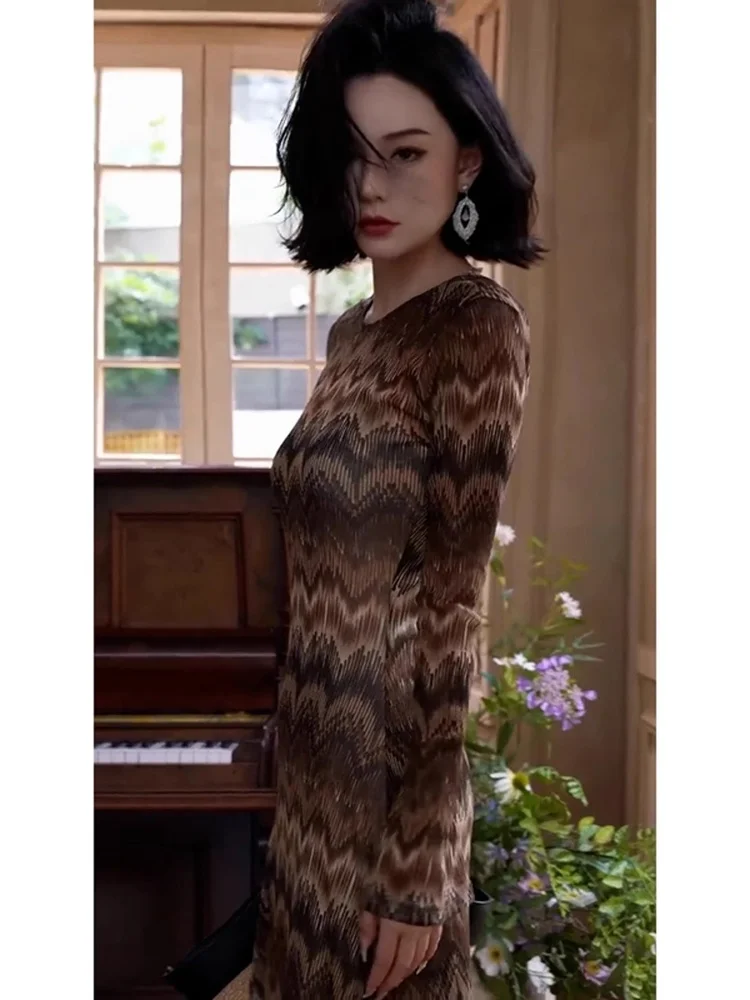 エレ ストライプ ロングスリーブ ドレ レディライク ハイウエスト Aライン シルエット サマー ファッショナブル ドレス パーティー デート カジュアルウェア