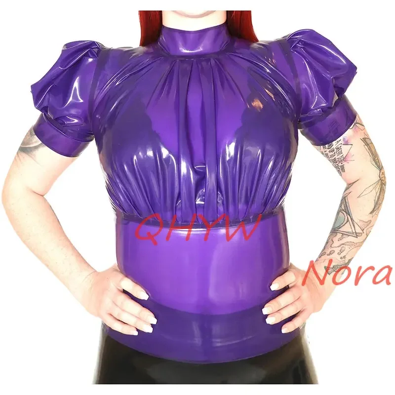 

Sexy Latex Top with Ruffles Transparent Purple Long Puff Sleeves Rubber Nightgown Top (No Zip)